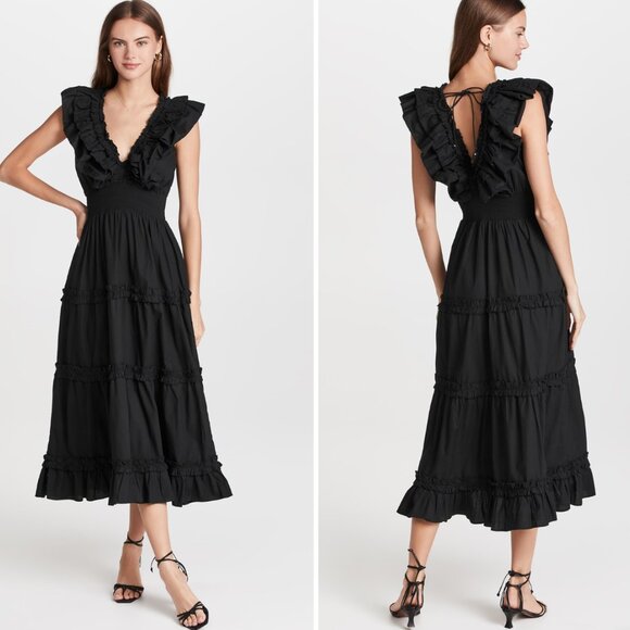 Anthropologie Dresses & Skirts - Love The Label Anthropologie Black Poplin V Neck Ruffle Midi Dress
